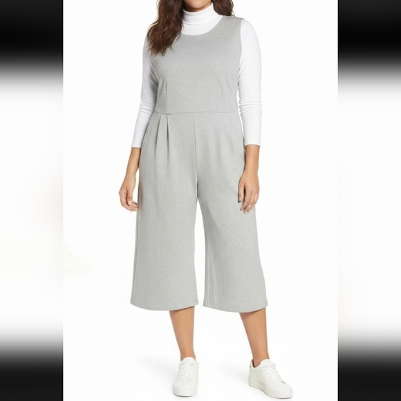 NWT Eileen Fisher Speckled Organic Cotton Jumpsuit in Moon Gray Crop Jumper XL
